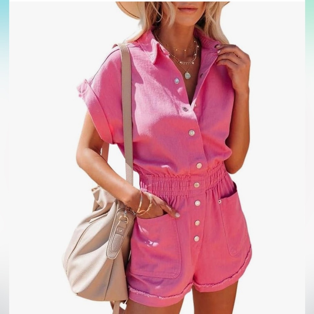 Women’s short Cuffed Sleeve Utility Romper, hot pink, sz EXTRA SMALL